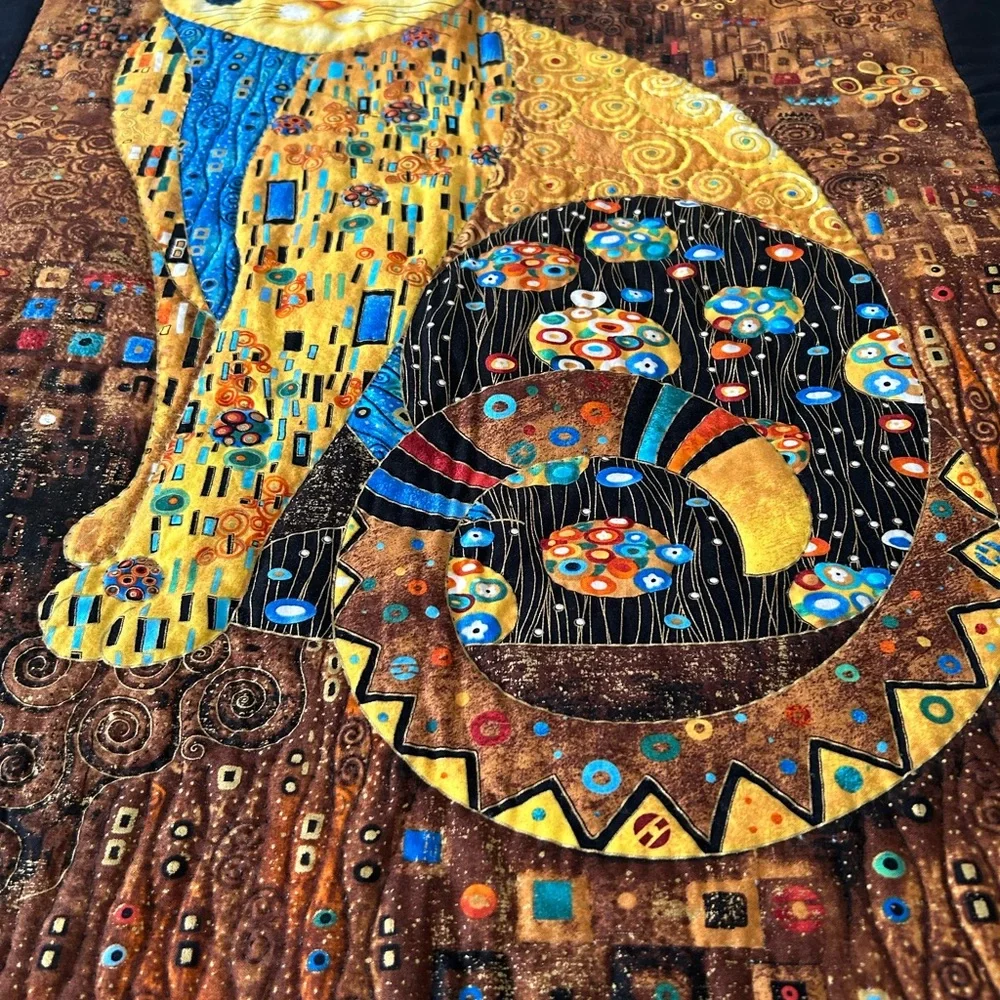 Hand Quilted Pre Printed Panel Klimt Inspired Cat Lap Quilt or Wall Hanging